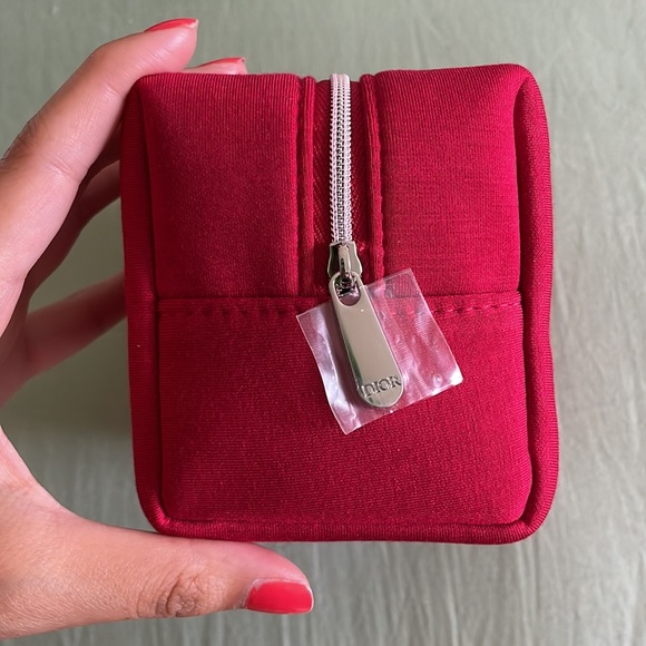 Dior Red Fabric Makeup Bag Pouch Bag Embossed Logo Silver Hardware Zipper Small - Picture 4 of 7